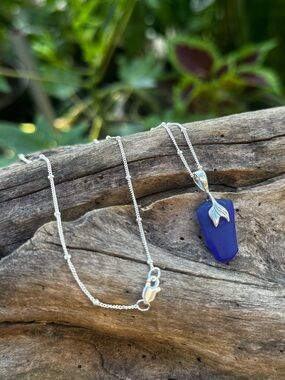 Drilled Sea glass Handmade whale mermaid tail bail 925 sterling silver necklace